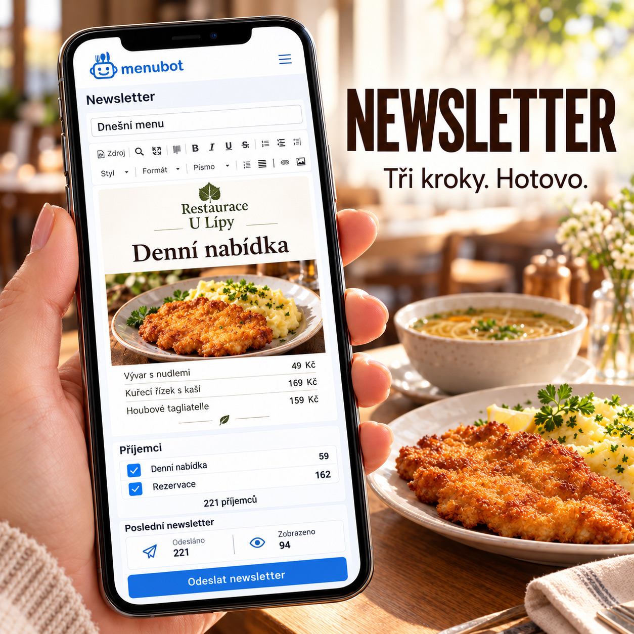 Editor newsletteru v Menubotu s výběrem příjemců a náhledem jídelní nabídky
